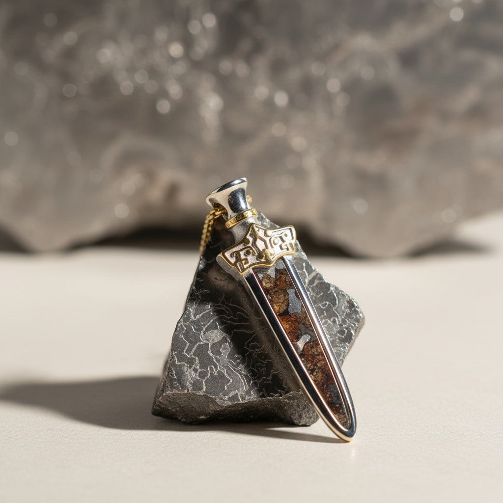 The Pallas Blade — front view of the blade pendant on dark background.