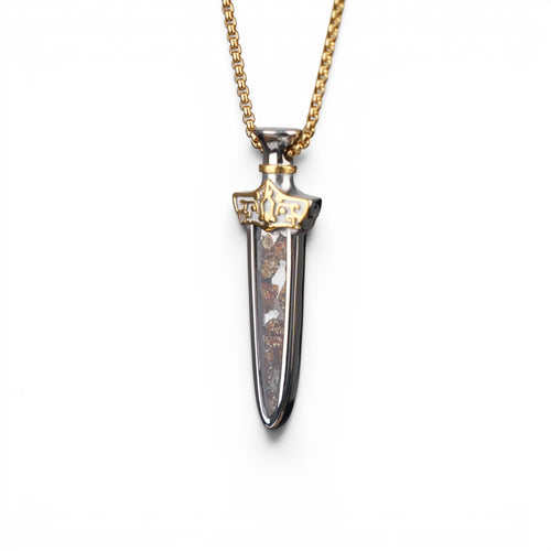 The Pallas Blade — Sericho pallasite worn at the chest, men's collectible jewellery.