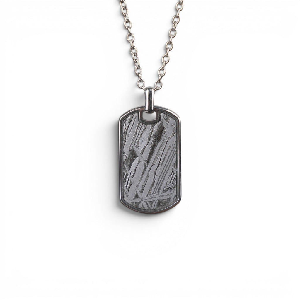 The Field Tag — front view of the dog tag pendant on dark background.