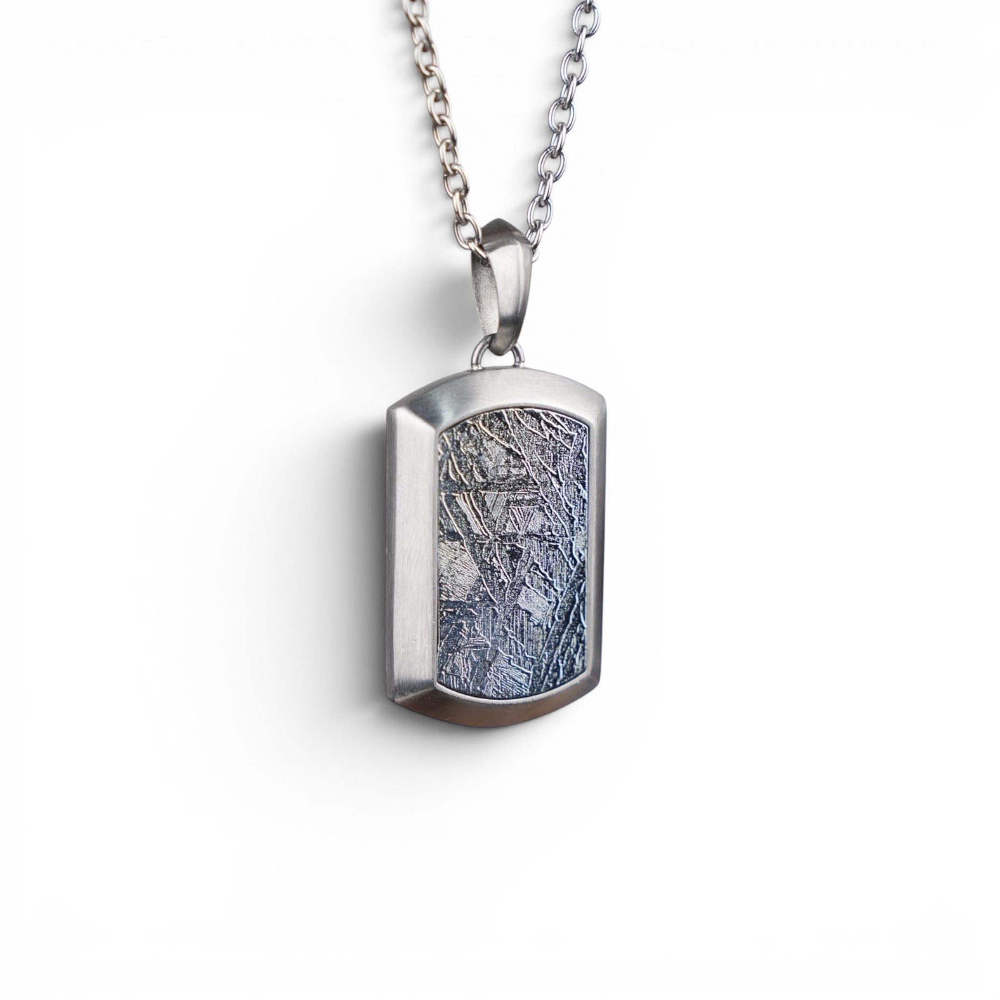 The Vault Tag — meteorite dog tag worn on heavy cable chain at the chest.