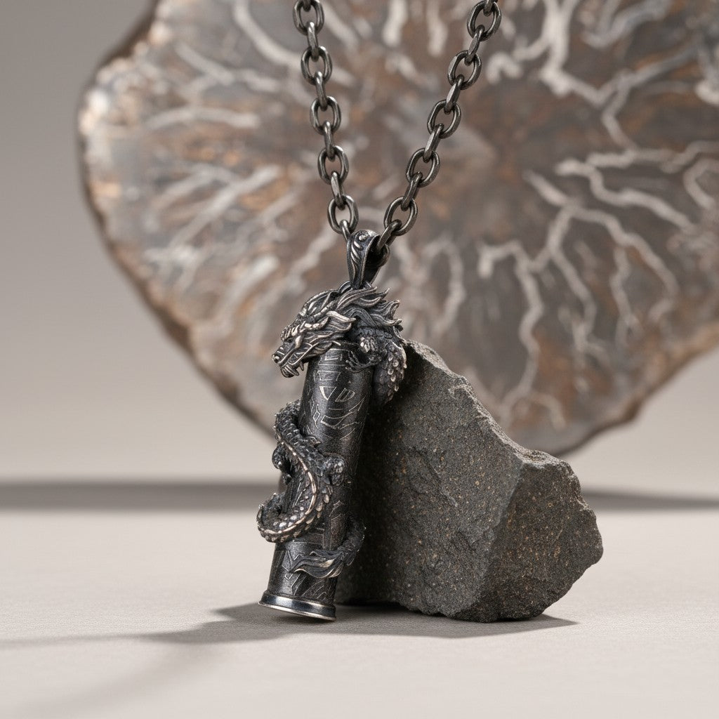 The Dragon — meteorite cylinder set beneath the dragon's head showing Aletai iron and Widmanstätten pattern.