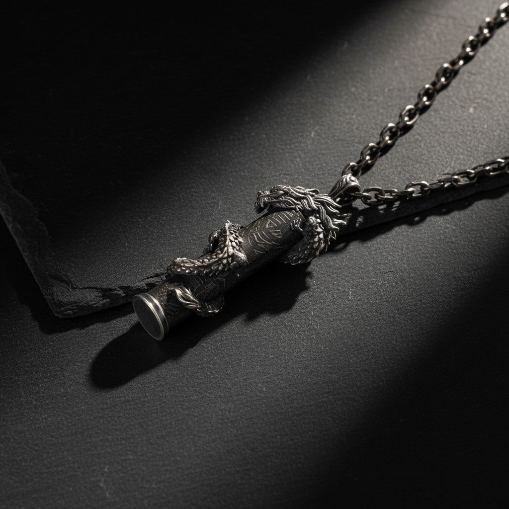 The Dragon — close-up of the hand-detailed dragon's head in oxidised S925 sterling silver showing mane, horns and fangs.