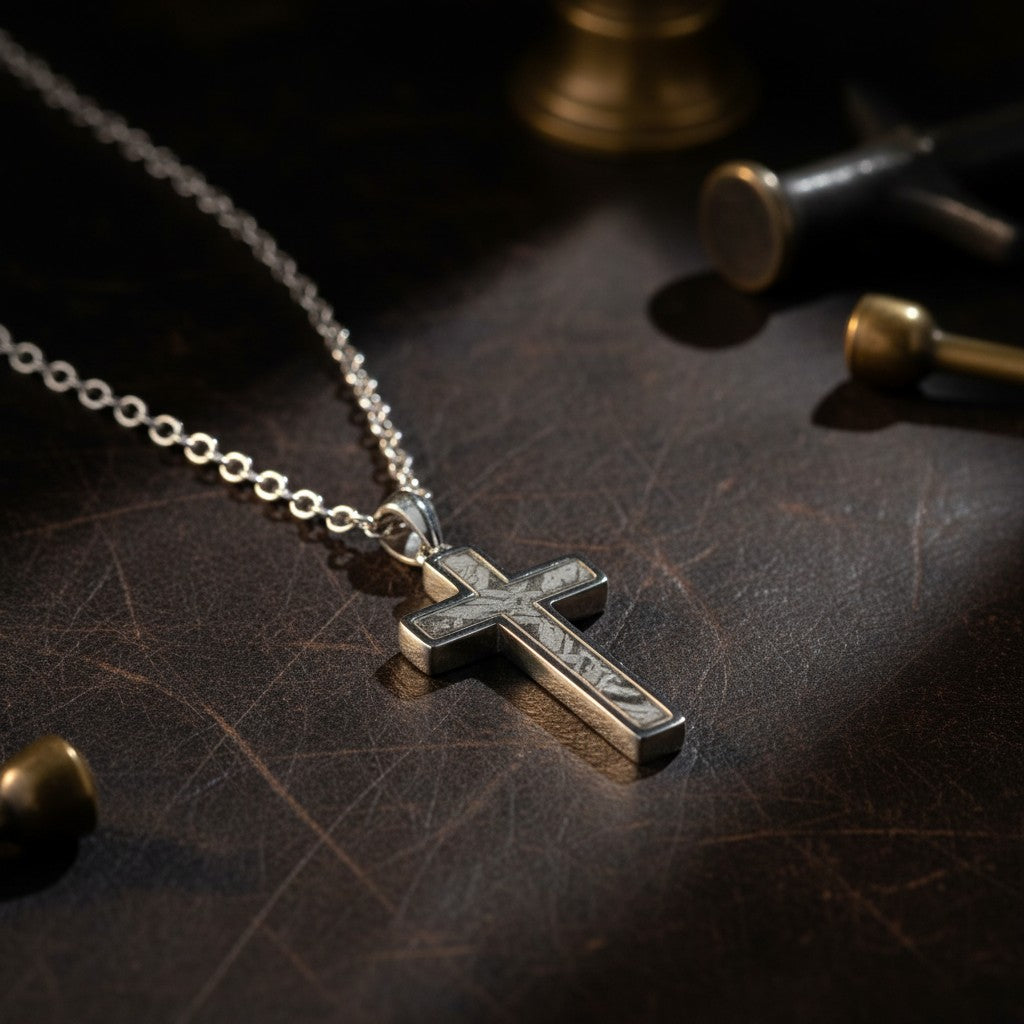 The Cross — front view of the meteorite cross pendant on dark background.
