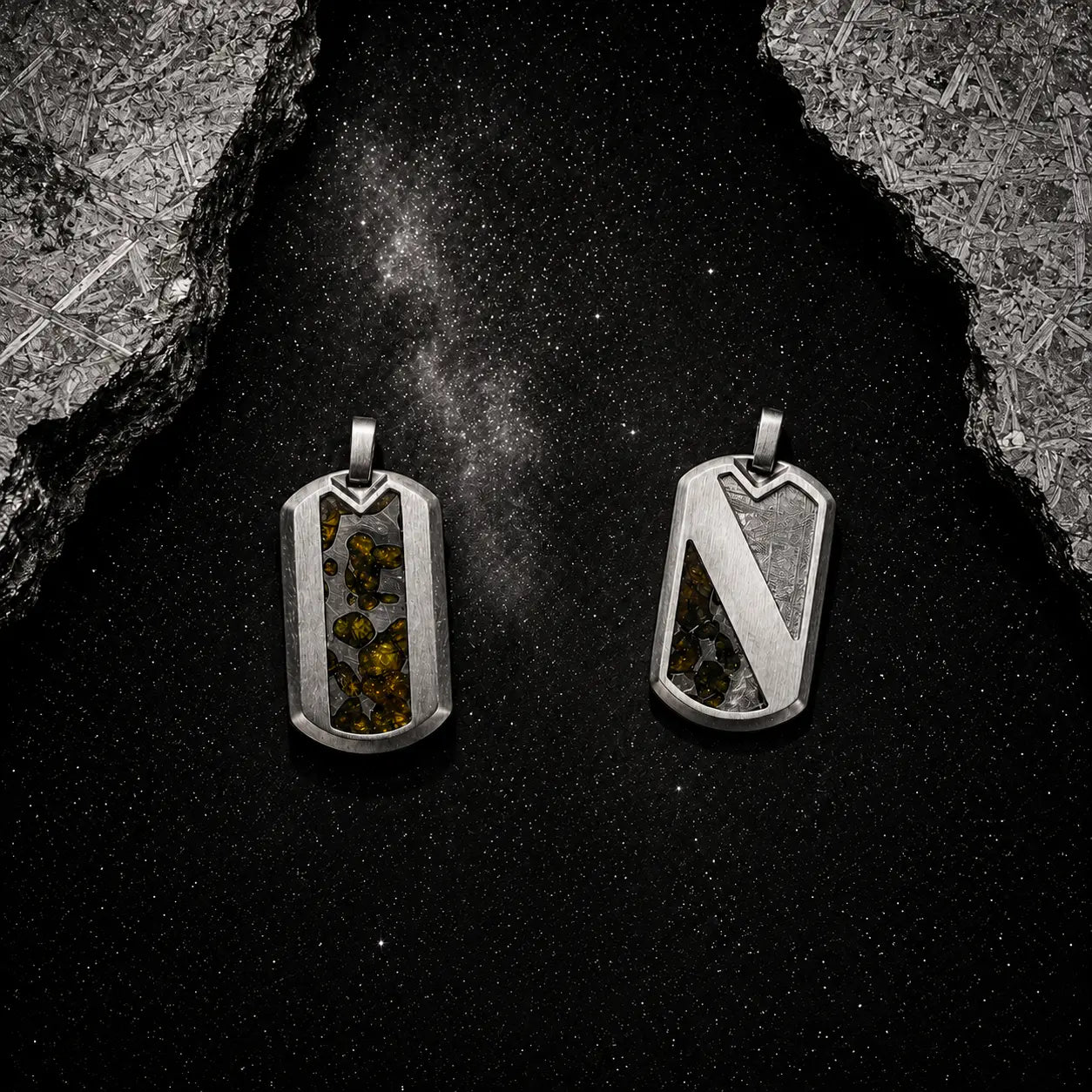 Pallas 1772 — men's meteorite pendants in titanium-grade steel and sterling silver, hand-finished in the UK.