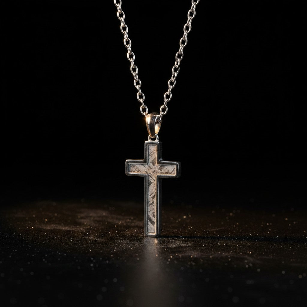 The Cross by Pallas 1772 — Aletai iron meteorite cross pendant in polished titanium-grade steel frame with crystalline Widmanstätten pattern, on cable chain.