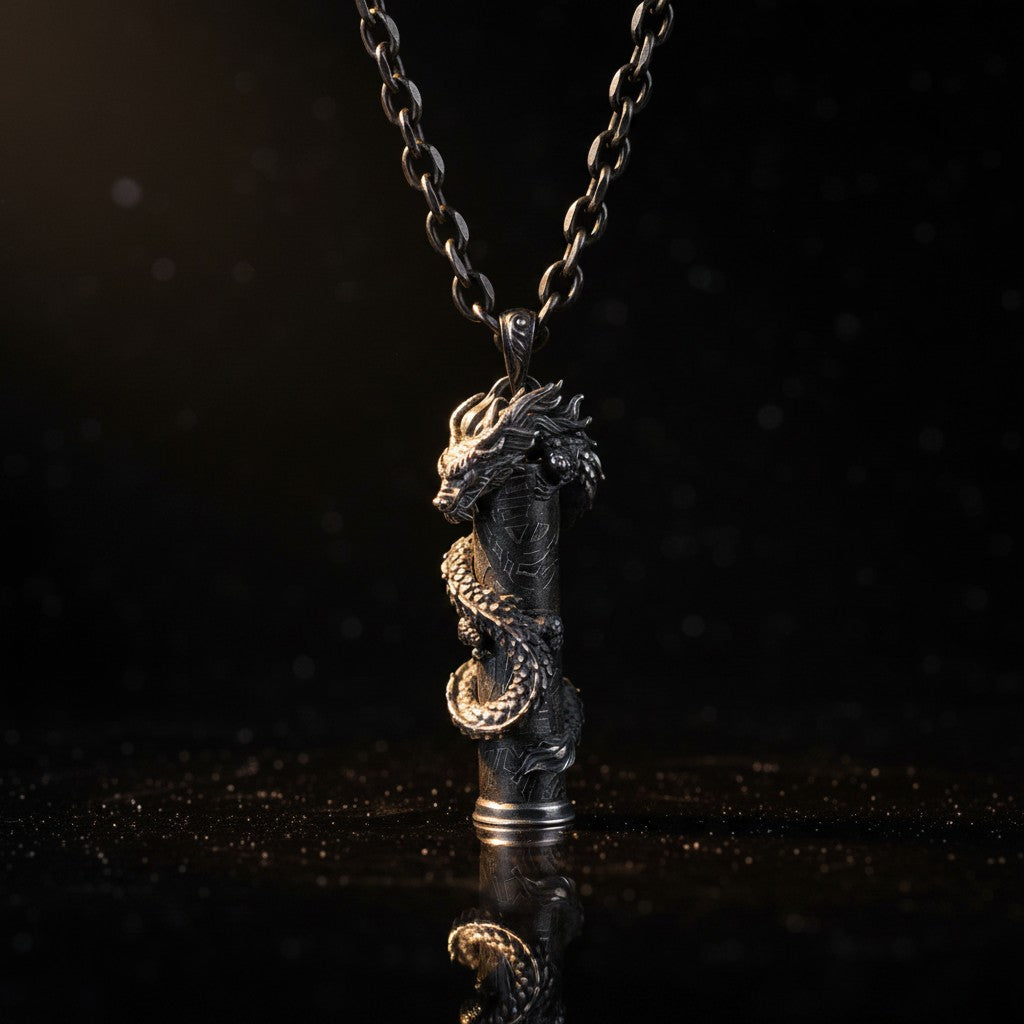 The Dragon by Pallas 1772 — sculptural sterling silver dragon's head pendant set with Aletai iron meteorite, oxidised near-black, on heavy silver cable chain.